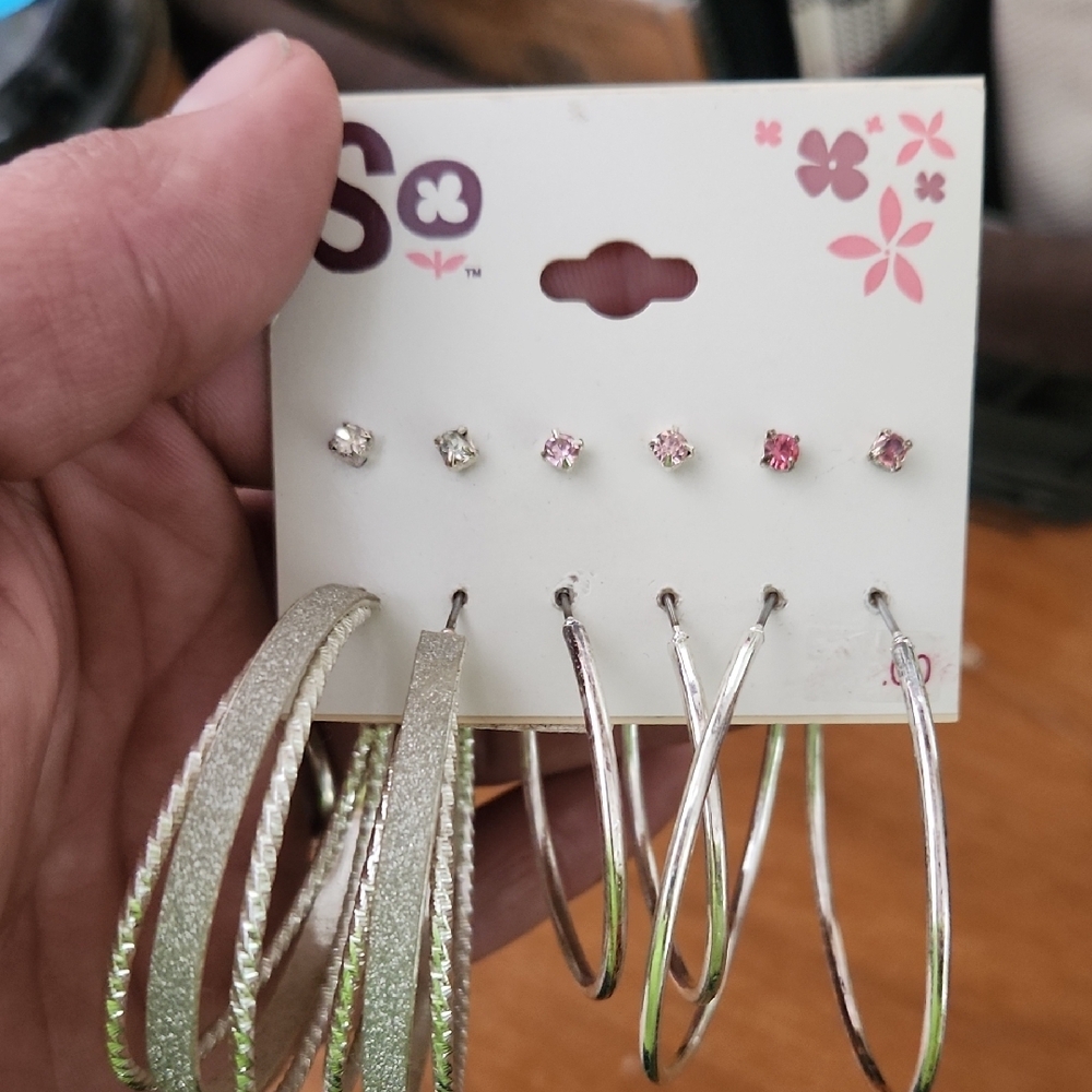 Silver and Pink Hoop and Stud Earring Set